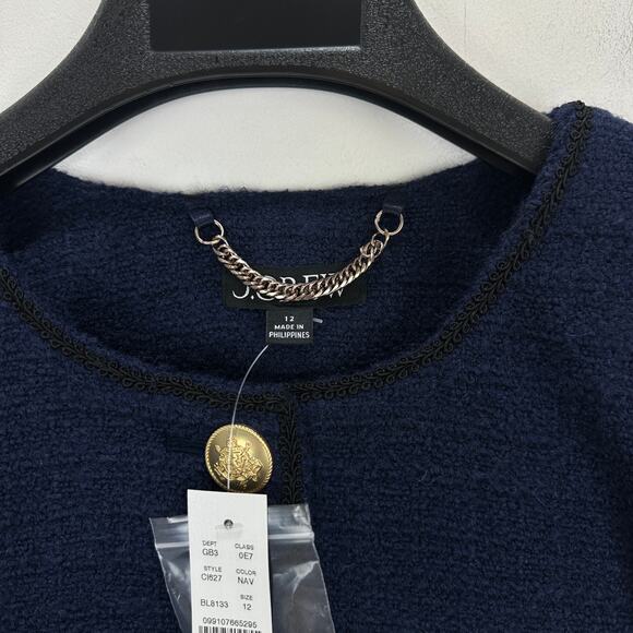 J.Crew Tweed Bomber Lady Jacket Navy Wool Blend Preppy Cropped Relaxed US 12 NWT - Picture 9 of 11
